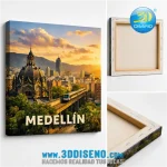 Cuadro tipo lienzo de Medellín templado sobre bastidor de madera, mostrando vista frontal y detalles del marco artesanal