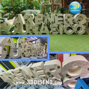 Letras gigantes de arenero jurásico, se crean letras gigantes para eventos, letras gigantes para pueblo
